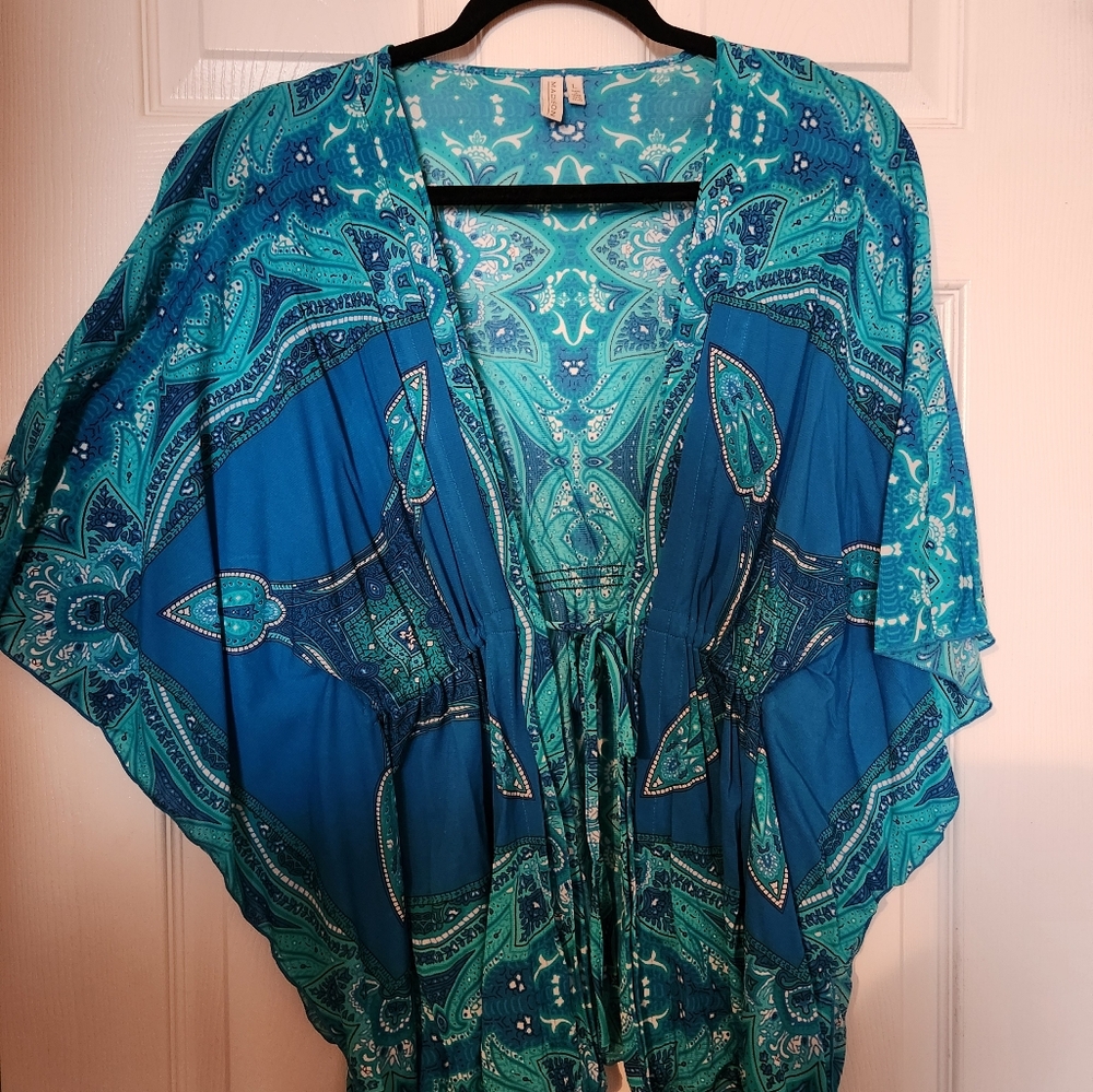 Boho Kimono  Aqua, Blue,Teal   front tie  cinching waist detail front & back szL